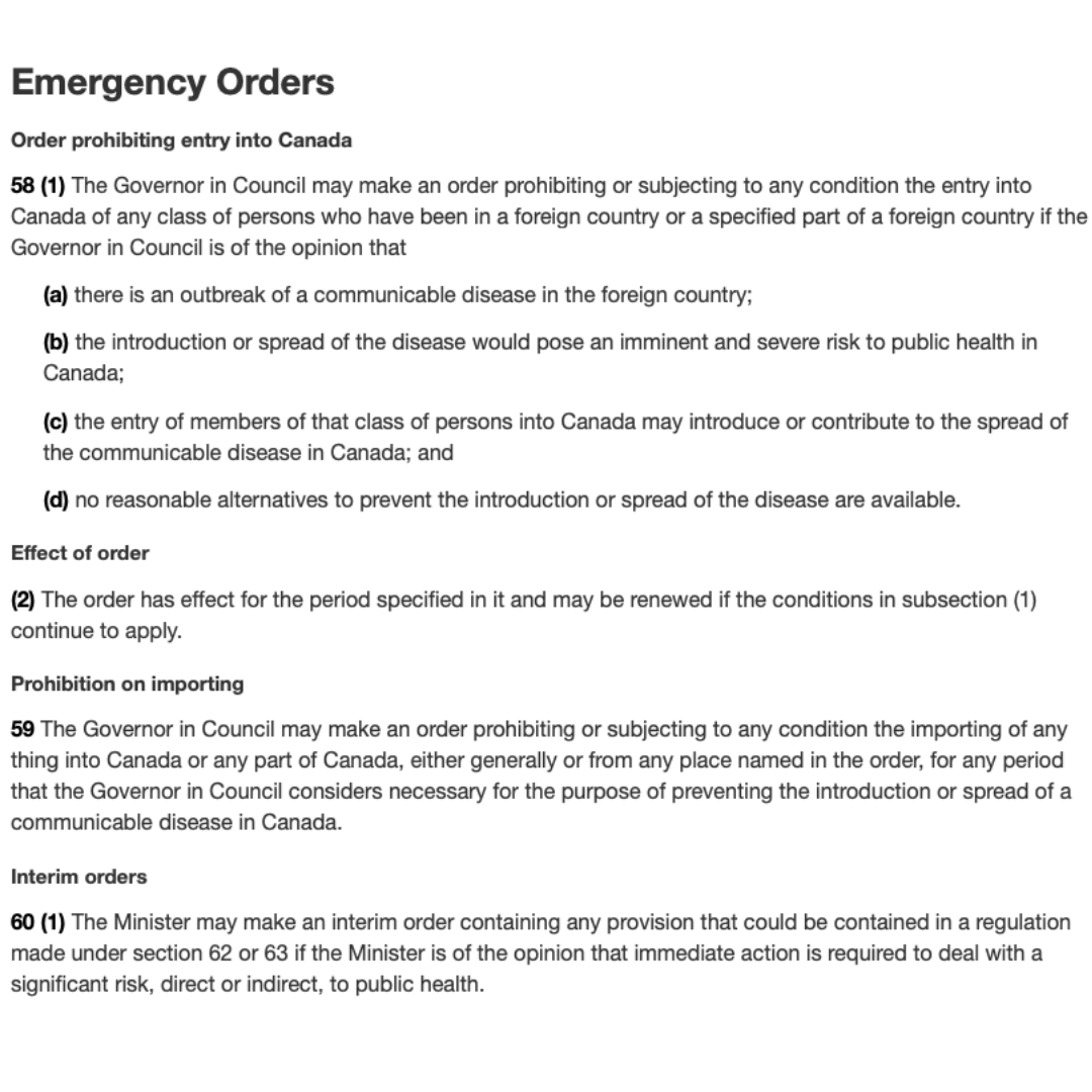 Emergency Orders made February 22nd, under the Quarantine Act in relation to travel