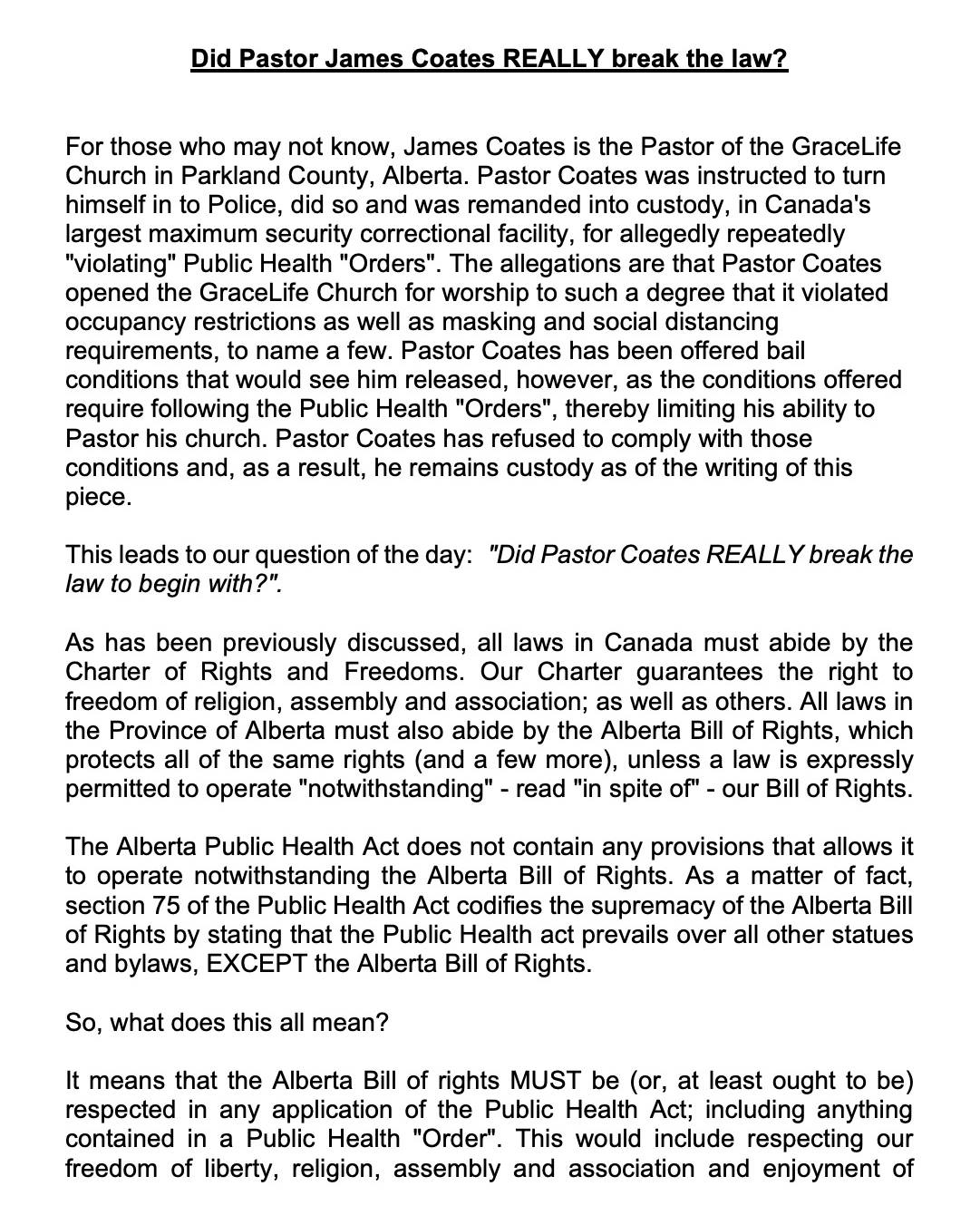 Police on Guard for Thee's, Alberta members opinion piece on Pastor Coates