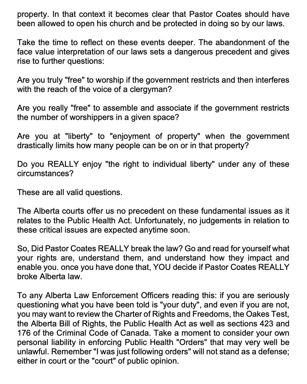 Police on Guard for Thee's, Alberta members opinion piece on Pastor Coates