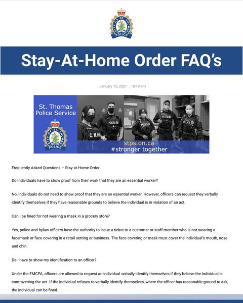 St Thomas Stay at Home Order, compare to Ontario Regulations