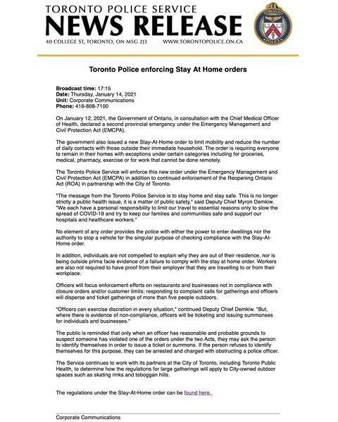 Toronto Police Service News Release: Stay at Home Order 