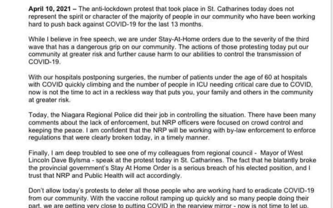St Catharines Mayor Statement regarding protests