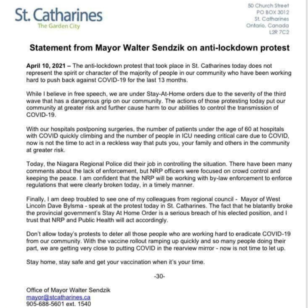 St Catharines Mayor Statement regarding protests