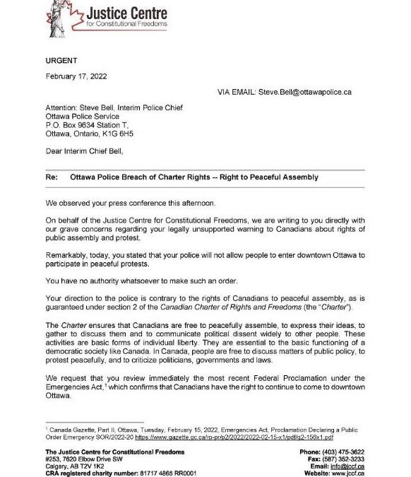 JCCF News Release – Ottawa Police Breach of Charter Rights – Right to Peaceful Assembly