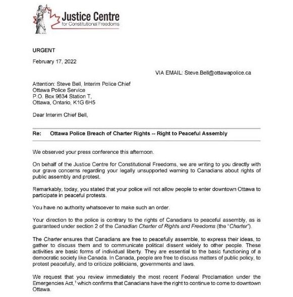 JCCF News Release – Ottawa Police Breach of Charter Rights – Right to Peaceful Assembly