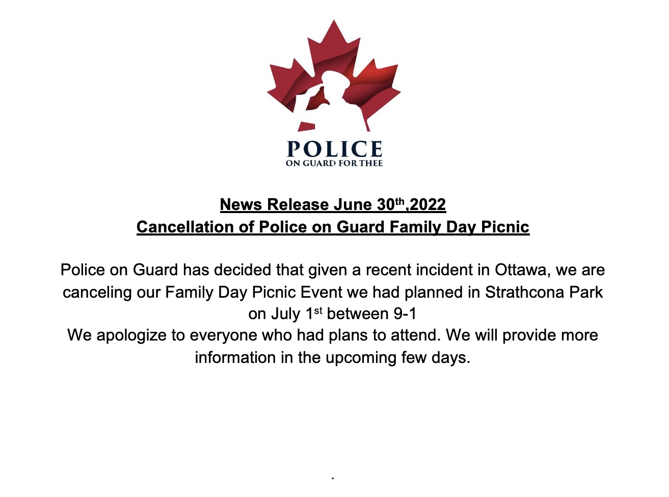 Cancellation of our Family Day Picnic in Strathcona Park
