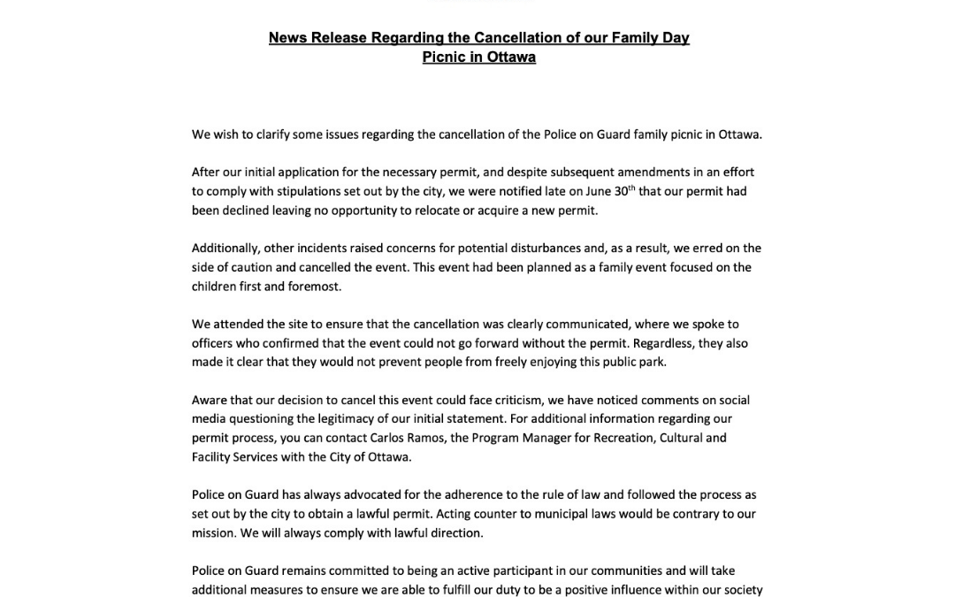 Further Information Regarding the Cancellation of our Family Day Picnic in Ottawa