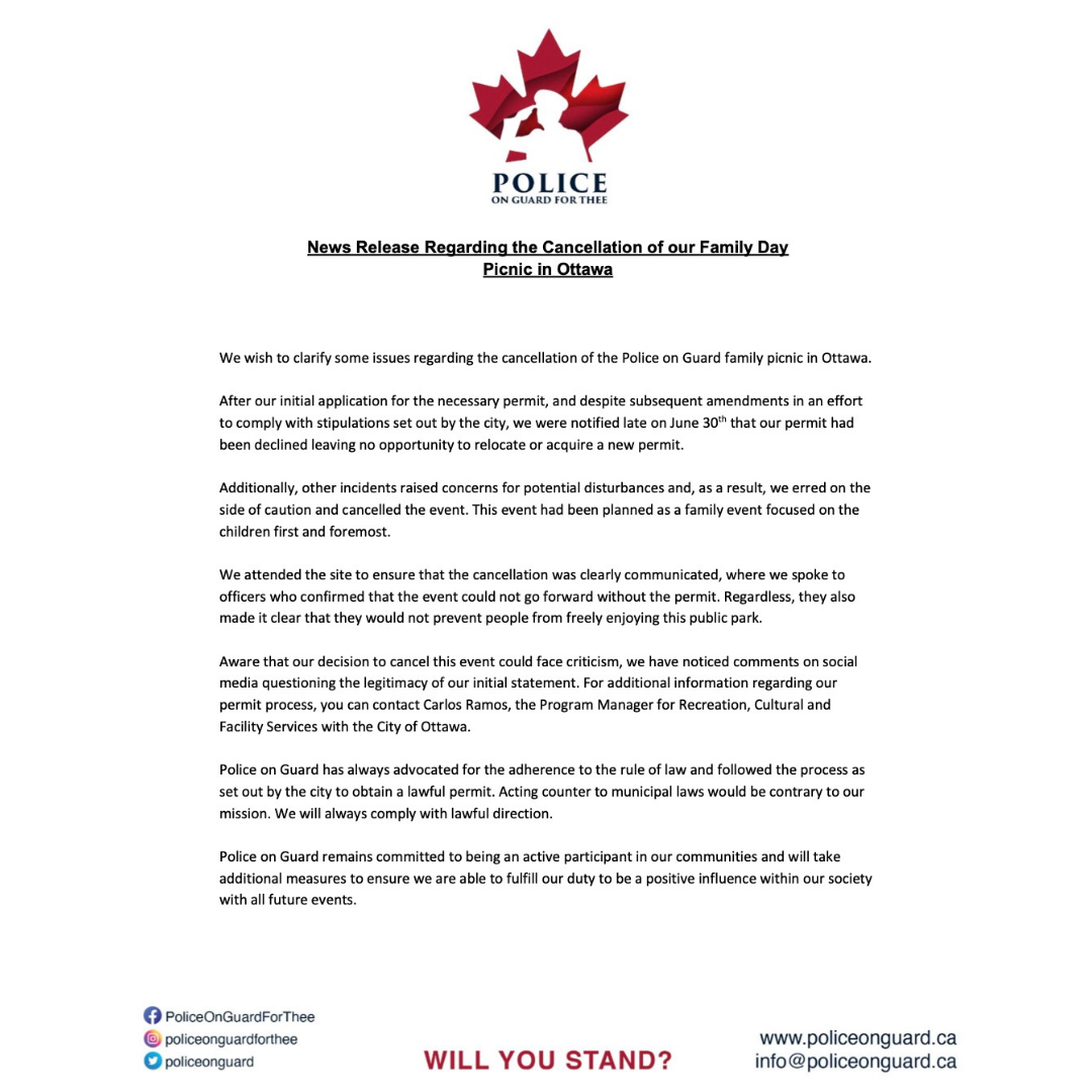 Further Information Regarding the Cancellation of our Family Day Picnic in Ottawa
