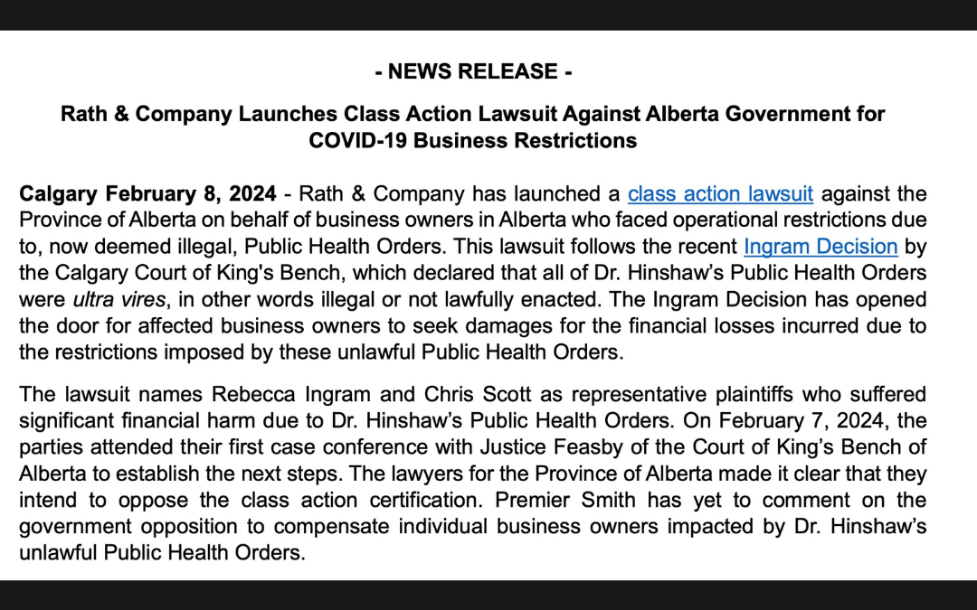 Class Action Lawsuit Launched in Alberta On Behalf of Business Owners Who Faced Operational Restrictions Due to Public Health Orders During the Covid Pandemic