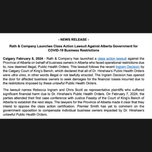 Class Action Lawsuit Launched in Alberta On Behalf of Business Owners Who Faced Operational Restrictions Due to Public Health Orders During the Covid Pandemic